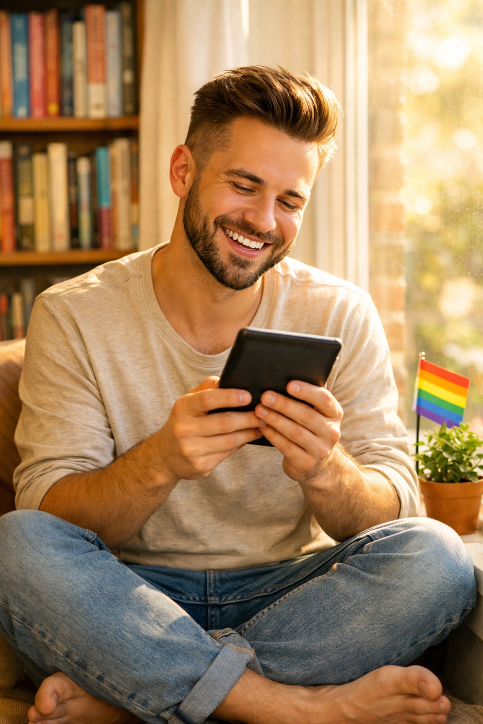A happy gay man reading an LGBTQ+ ebook on his e-reader in a sun-drenched home library nook.