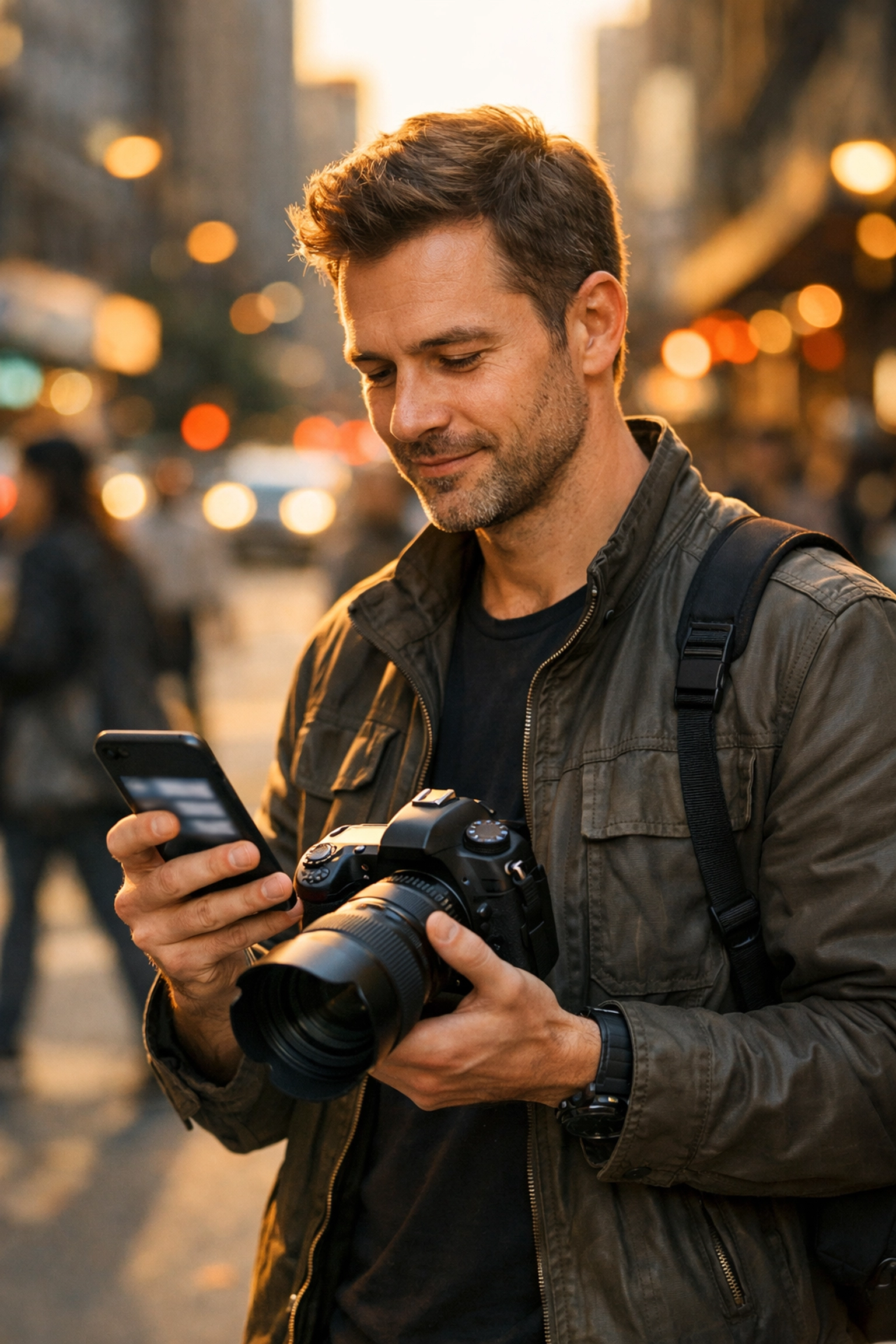 Photographer checking a smartphone for new job notifications during an outdoor golden hour photoshoot.