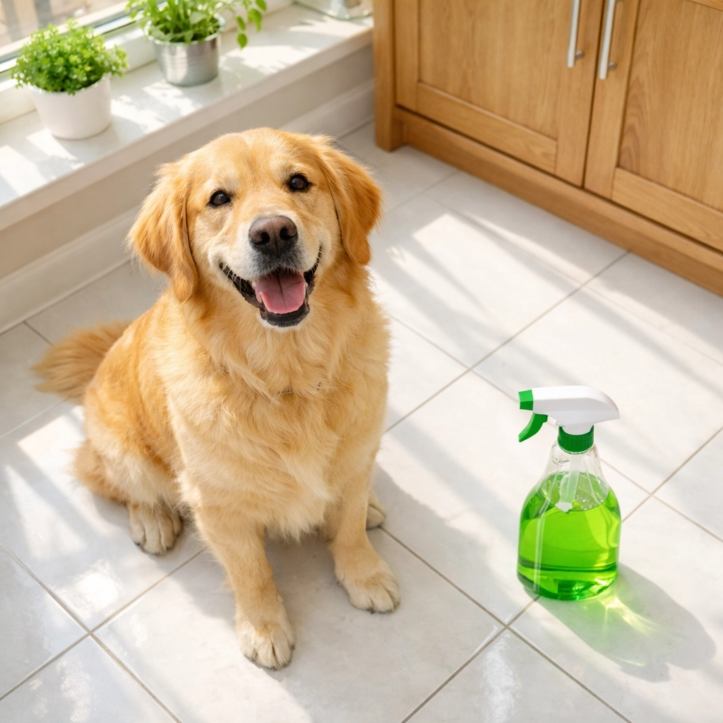 Happy dog sitting on clean kitchen floor next to pet-safe multi-surface cleaner spray bottle