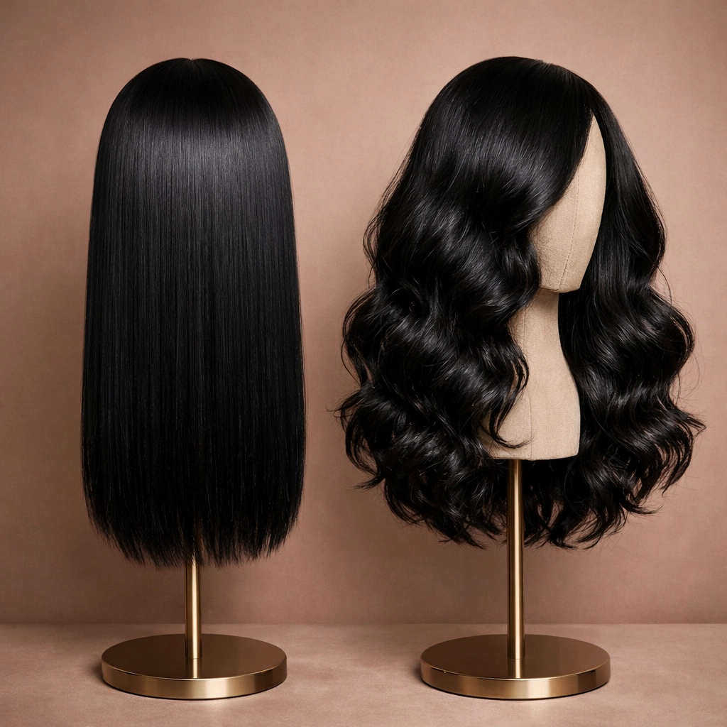 Comparison of straight and body wave glueless wigs made from 100% premium human hair.