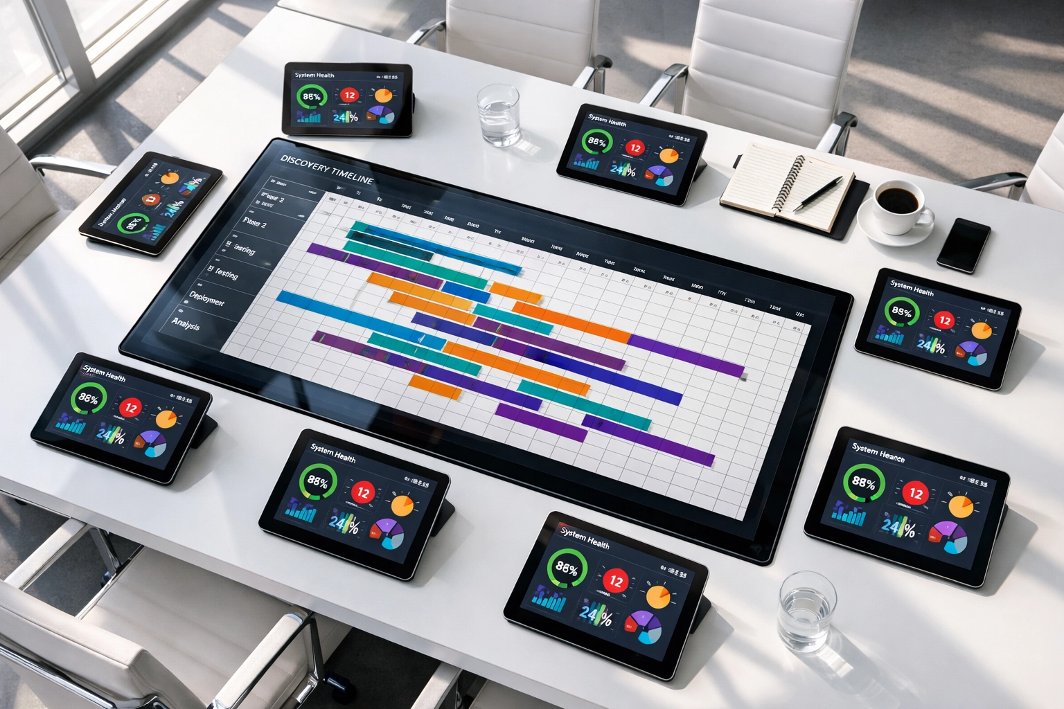 ServiceNow discovery schedule coordination and CMDB health metrics displayed on collaborative workspace