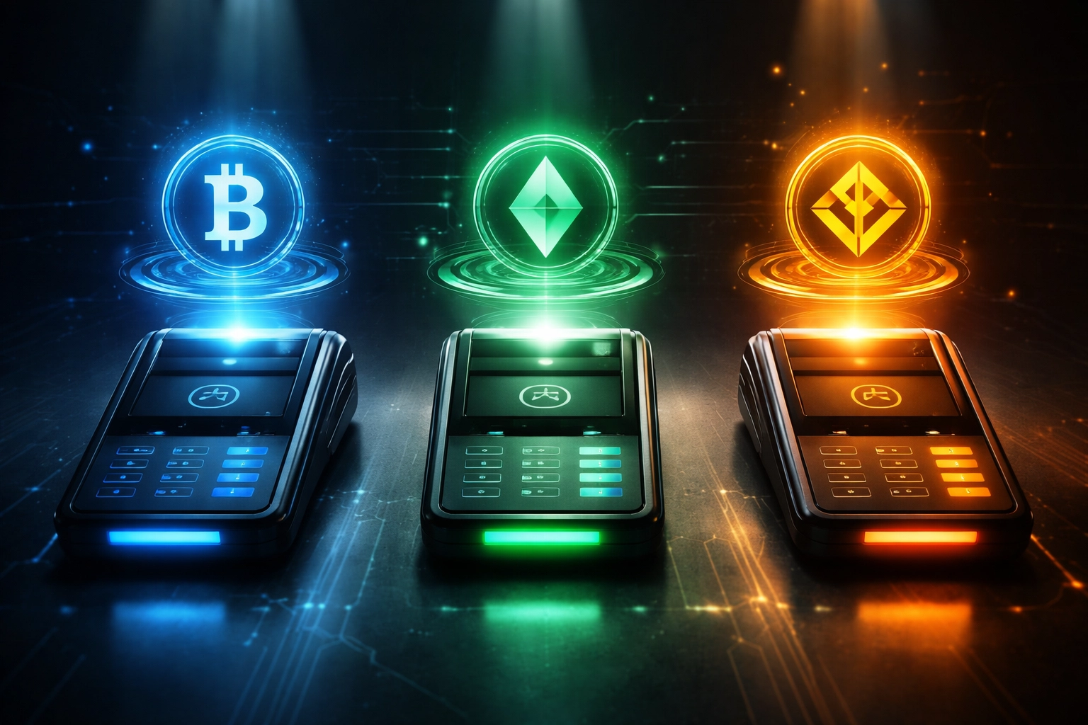 Comparison of three crypto POS terminals, each representing NOWPayments, CoinPayments, and Larecoin, showcasing innovation in small business cryptocurrency payment solutions.