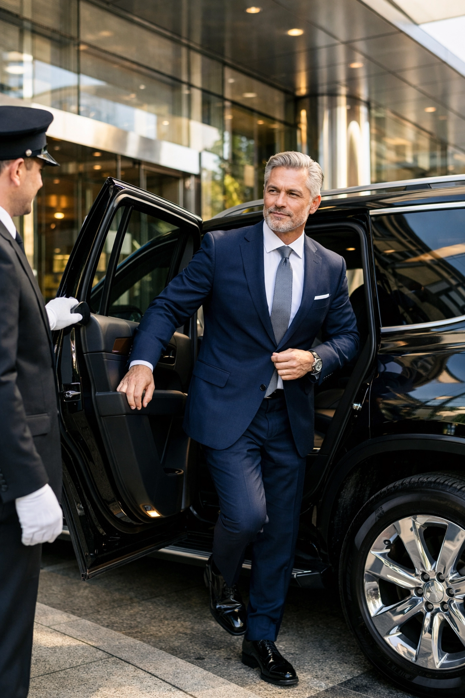 Chauffeur-driven luxury SUV arrival at a VIP hotel for seamless Super Bowl executive travel logistics.