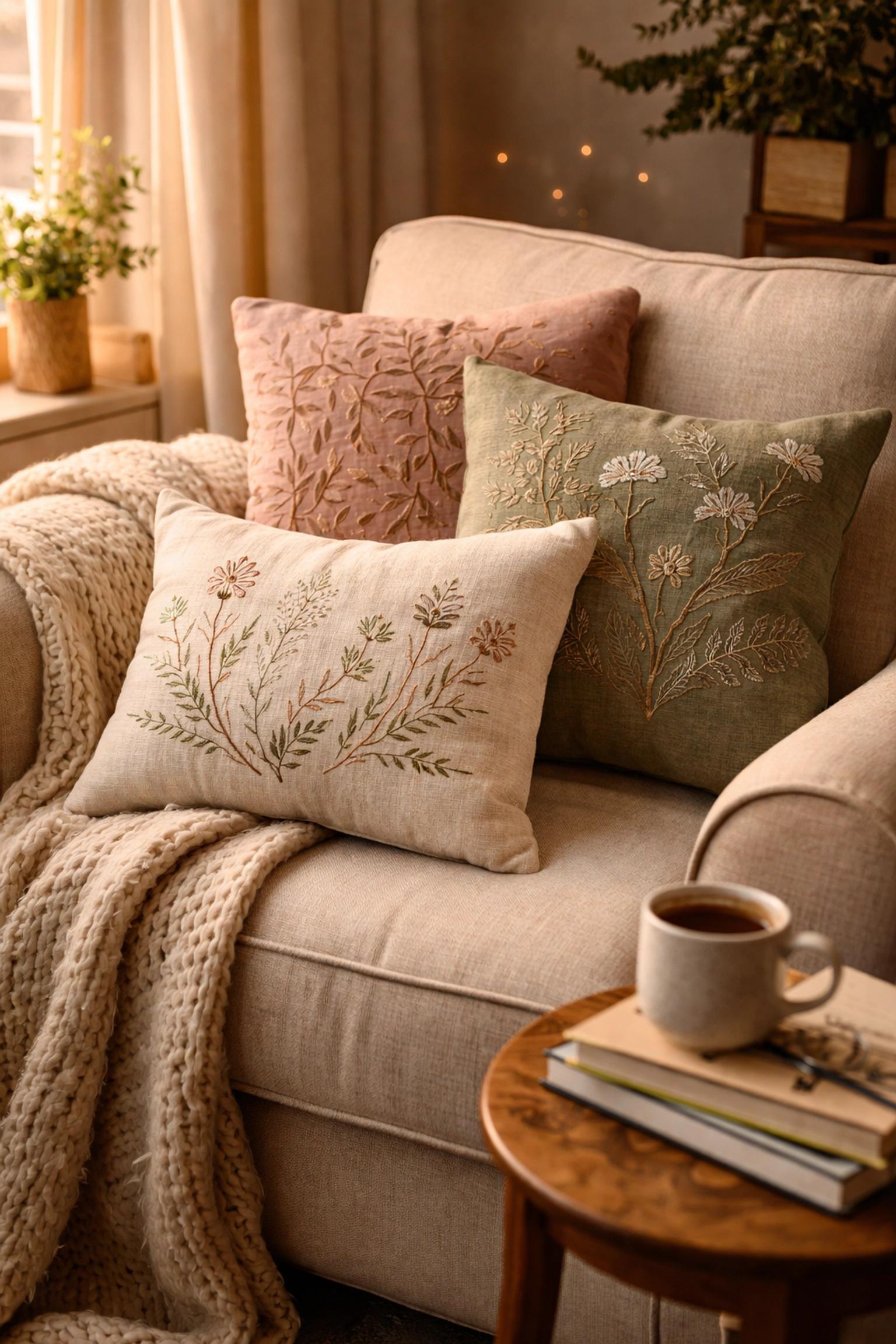 Cozy reading nook with hand-embroidered cushions in soft tones, perfect for inviting warmth and comfort into any room