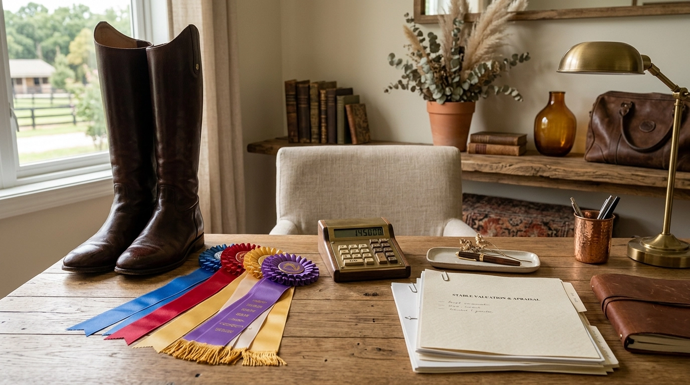 Boho Chic riding boots, show ribbons, legal papers, and calculator on a boutique-style desk