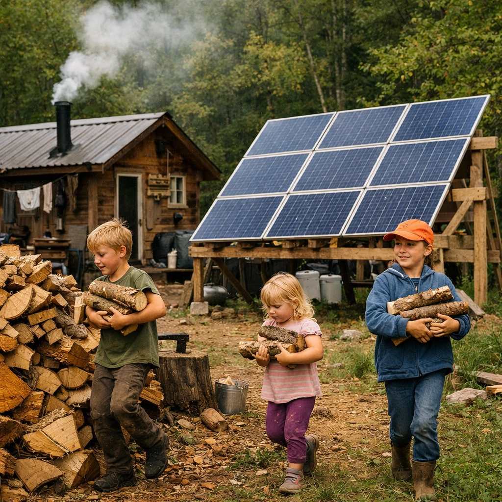 A small off-grid cabin with DIY solar panels and a stack of firewood in the woods.