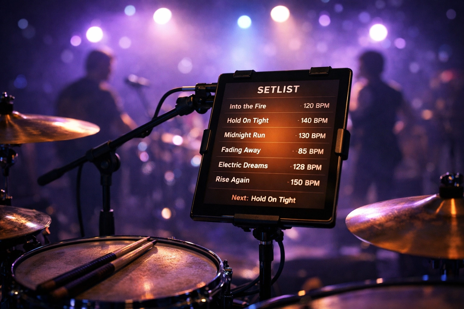 Digital setlist displayed on tablet during live band performance with stage lighting in background