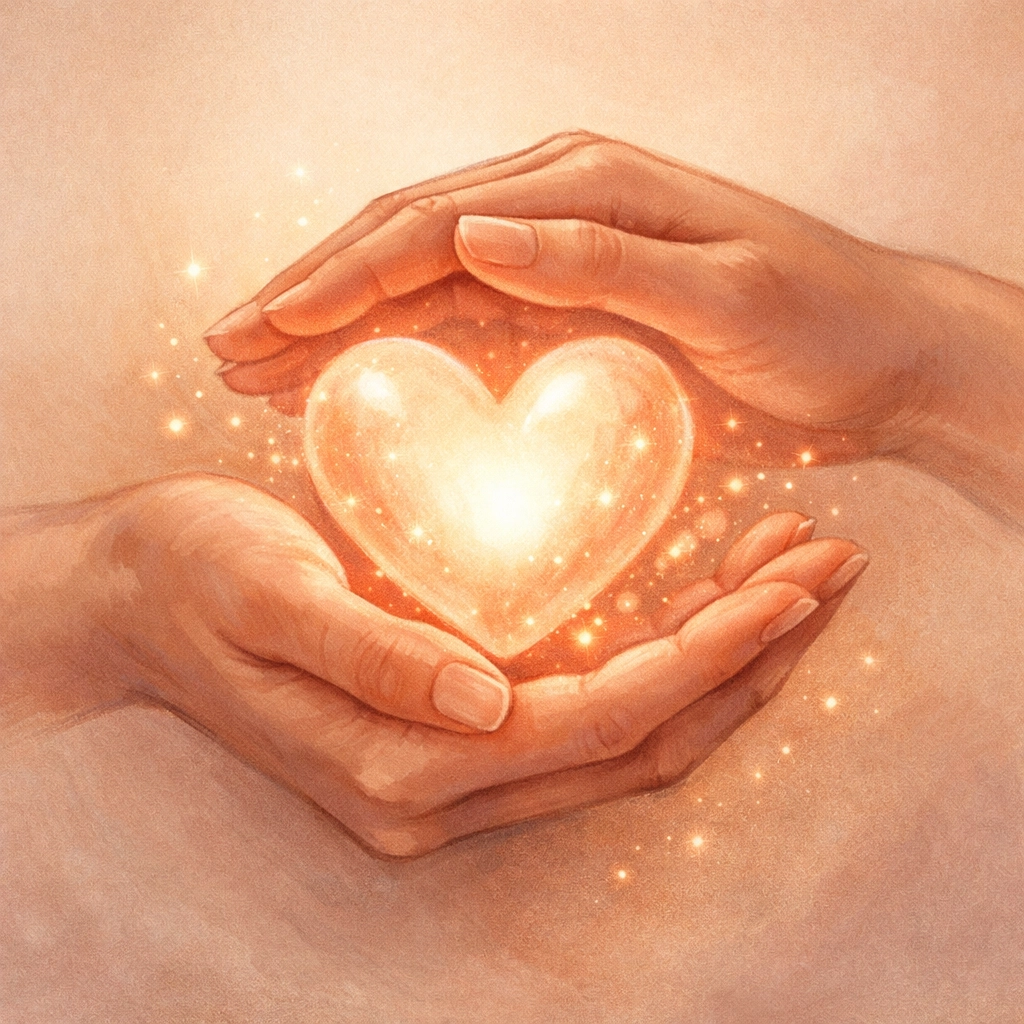 Hands gently holding a glowing heart representing compassion and self-forgiveness in emotional healing
