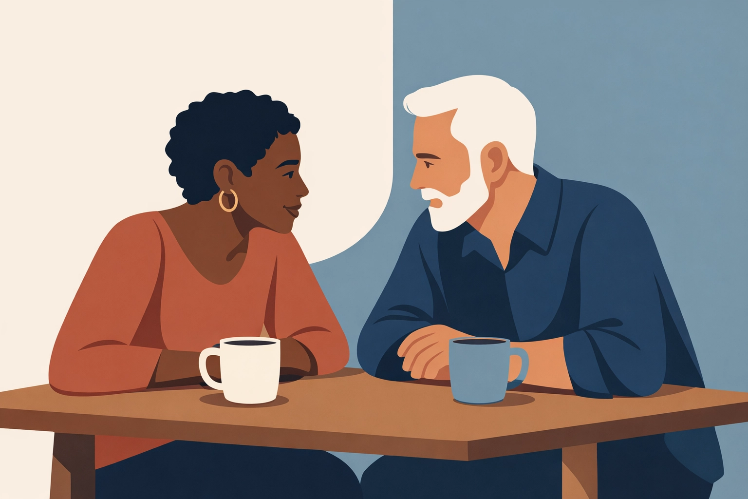 Minimalist illustration of two people in deep conversation, showing the relational side of one-to-one mentoring.