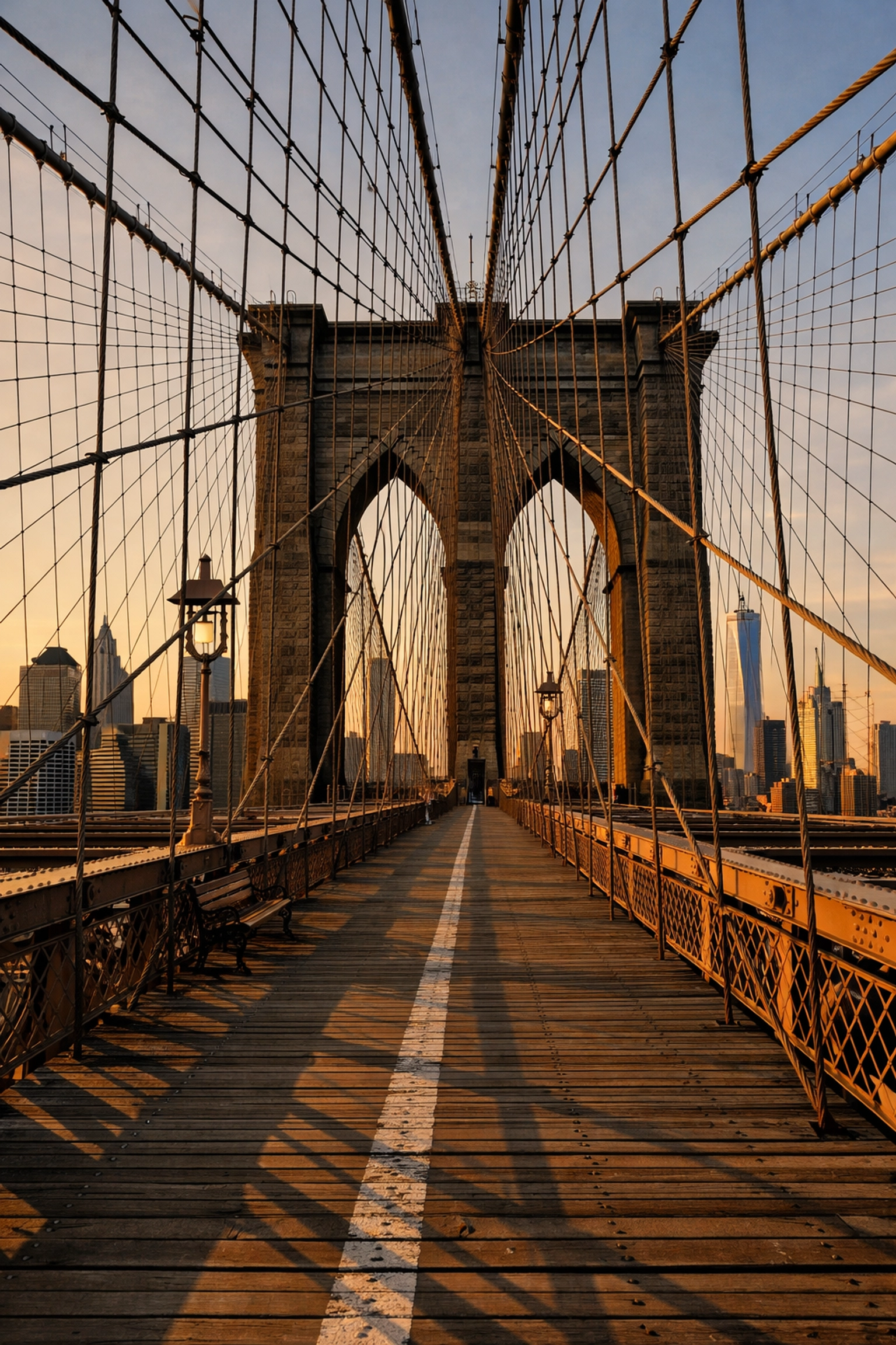 Brooklyn Bridge at sunrise with the Manhattan skyline and stone arches, a top NYC photography location.