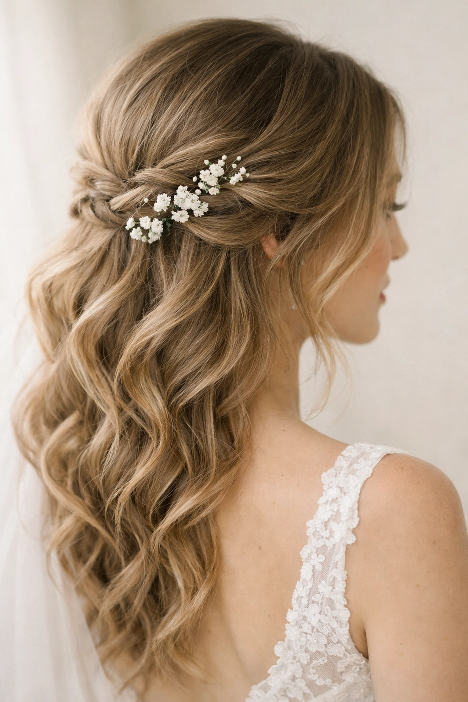 Romantic bridal hairstyle with soft bohemian waves and white floral accents for a Concord NH wedding.