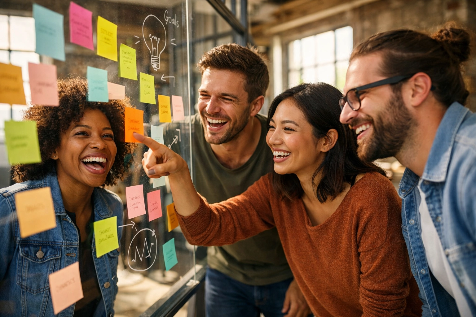 Small business team collaborating on goals and key results using sticky notes to drive alignment and ownership.