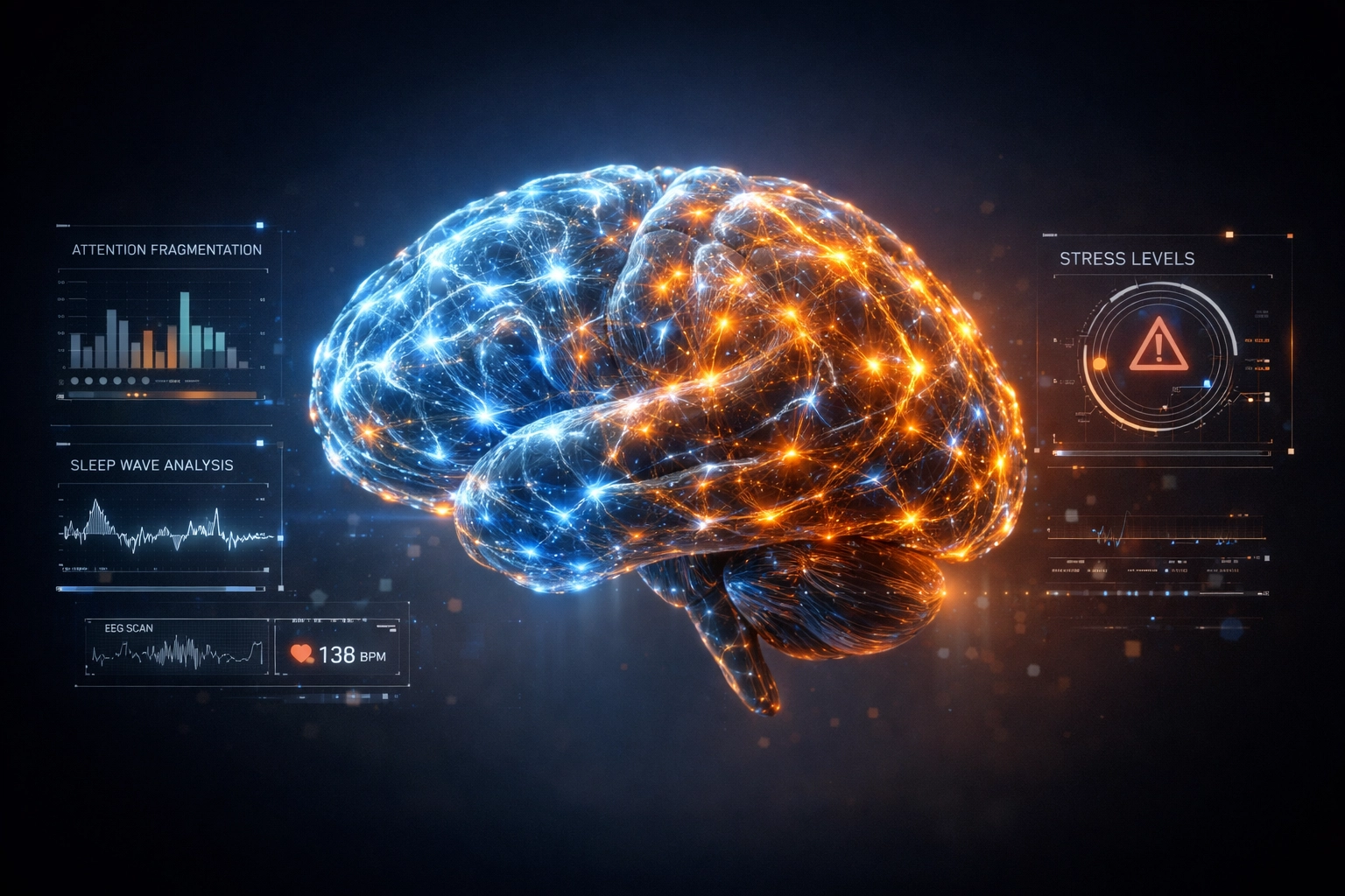 Illuminated brain showing neural pathways affected by AI use, highlighting attention, sleep, and stress patterns