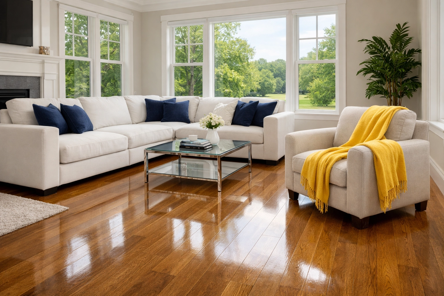 Spotless living room and vacuumed floors after a professional House Cleaning Pepperell MA session.