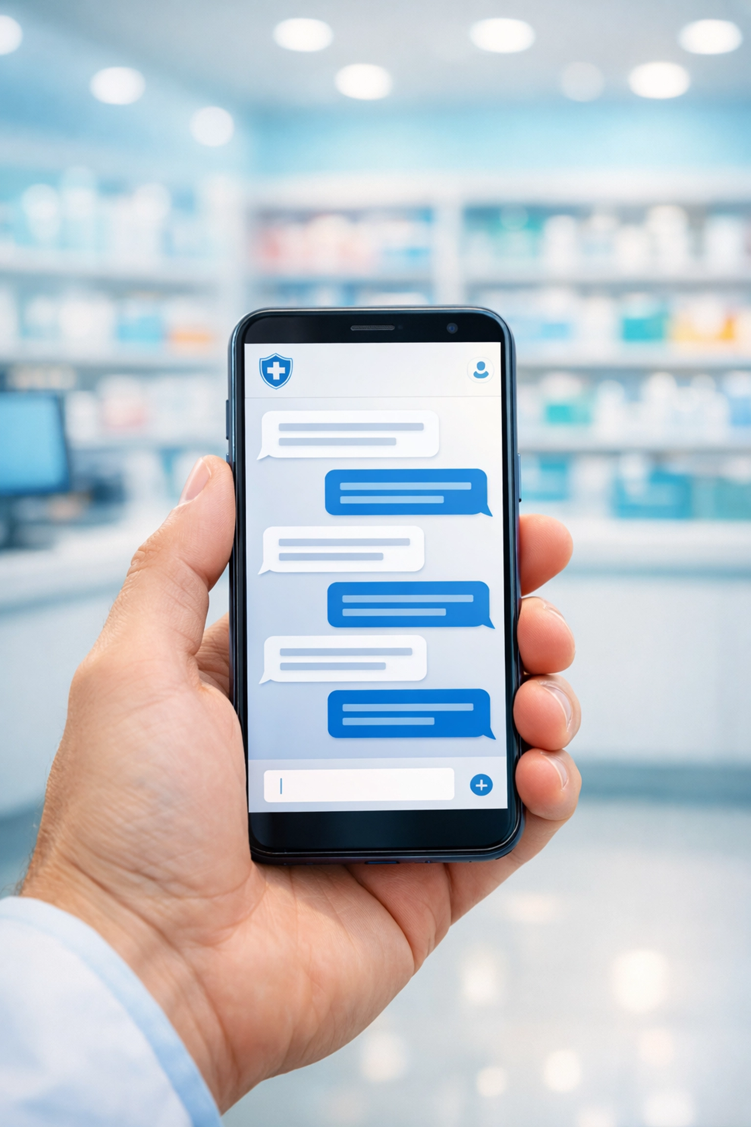 Person using secure medical messaging to coordinate a weight loss medication prescription at a pharmacy.
