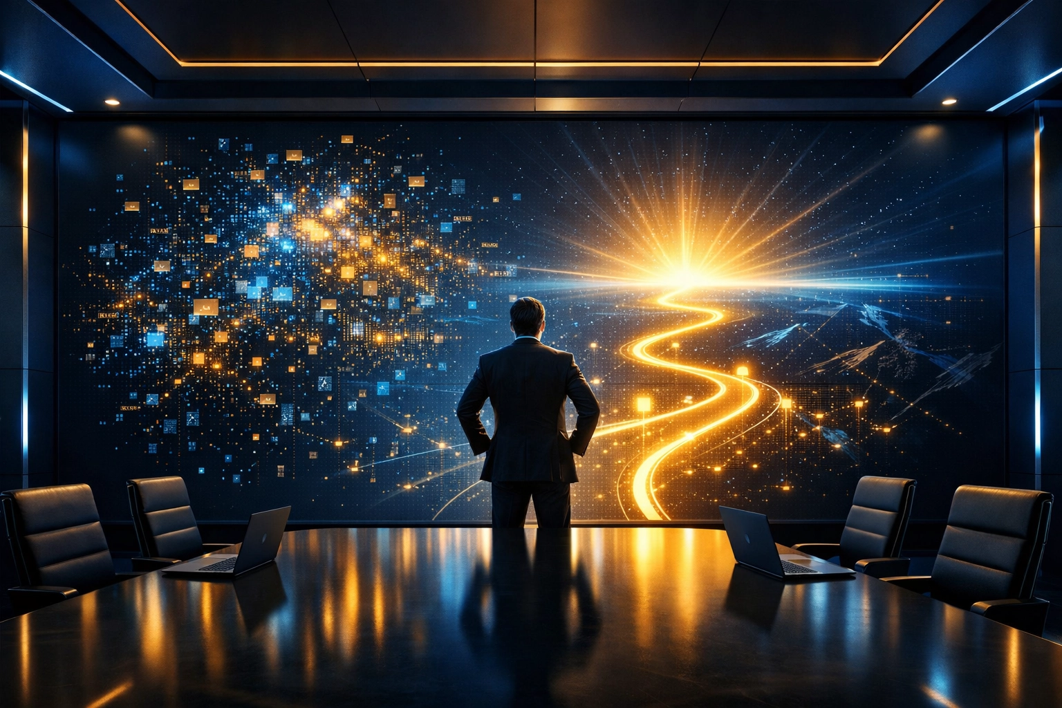 Führungskraft betrachtet eine digitale Roadmap zur Vermeidung von KI-Fehlern im Unternehmen.