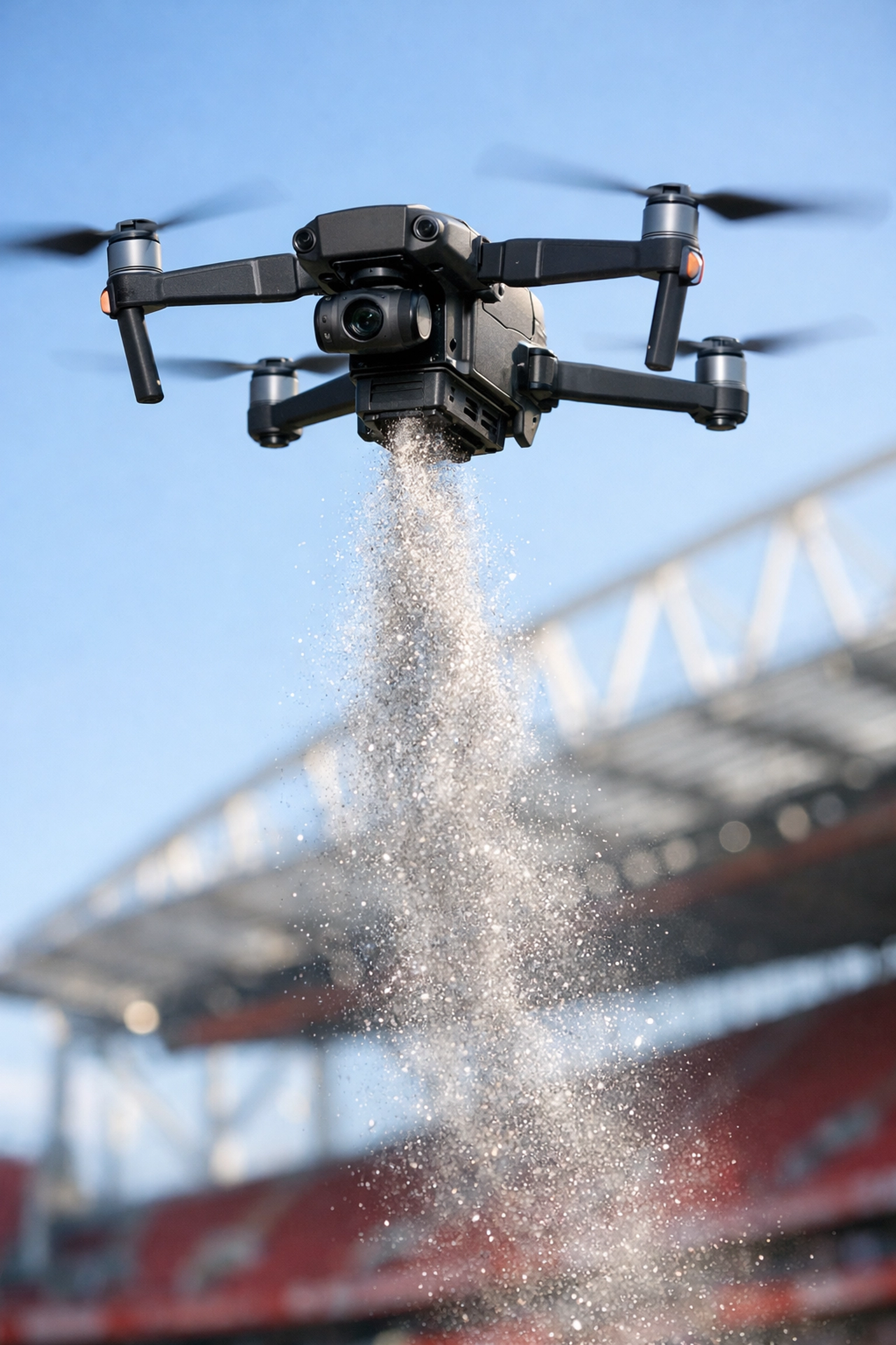 Professional drone releasing ashes in a gentle trail over a Nottingham football stadium.