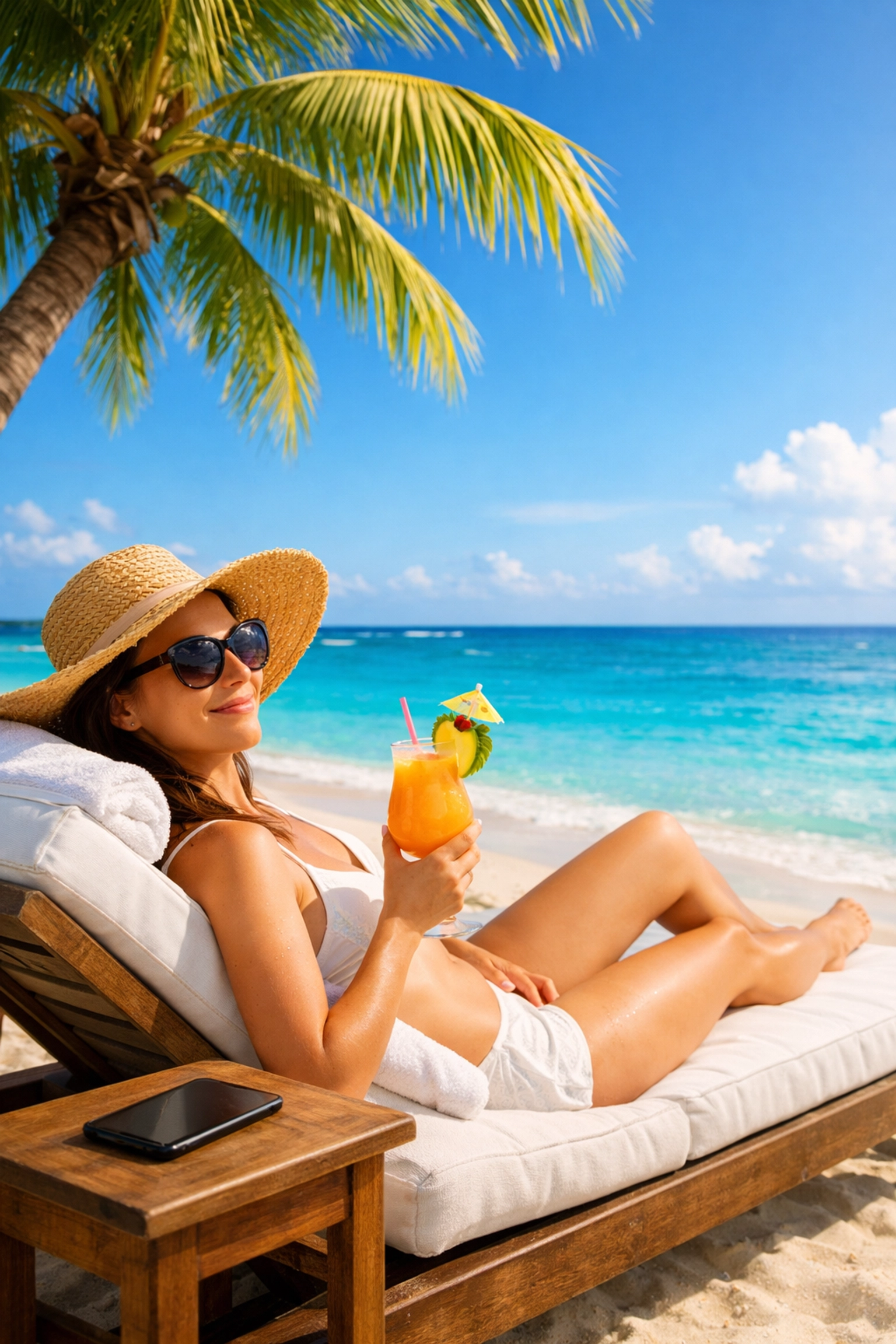 Relaxed traveler enjoying stress-free beach vacation with tropical drink