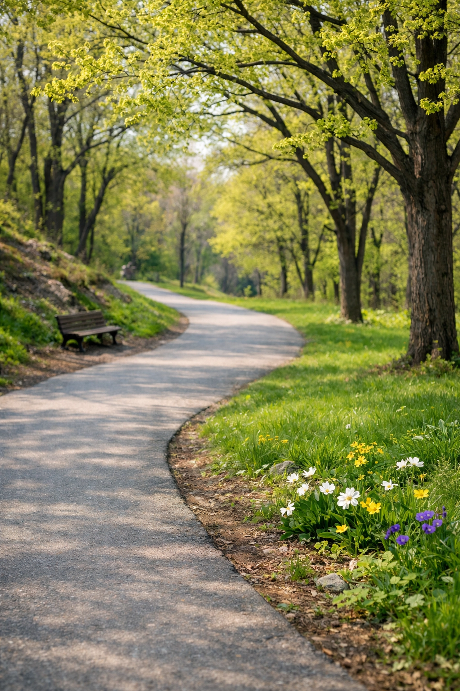 A peaceful walking path winding through the budding spring trees of Mount Royal Park.