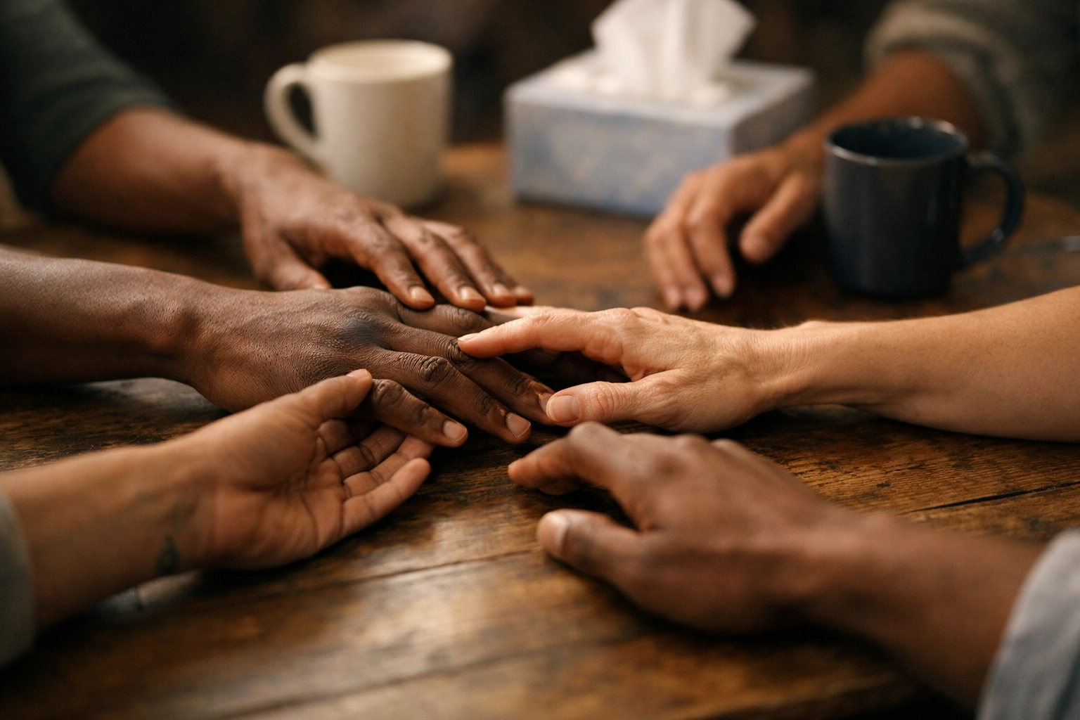 Hands reaching across table in support group showing connection and shared experience