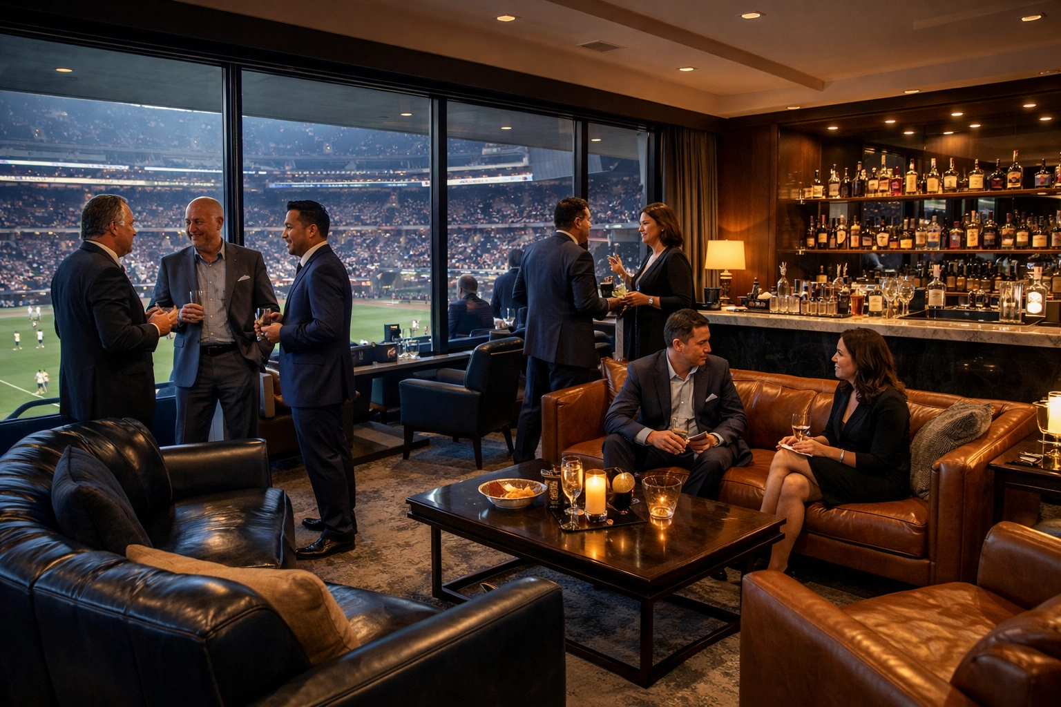 NEWSLETTER: Are You Missing These 5 Critical Super Bowl Networking Opportunities That Could Land Your Next $10M Deal? Executive hospitality suite at Super Bowl with business professionals networking before game