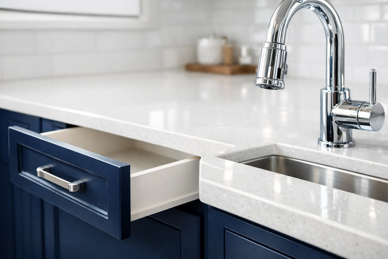 Impeccably clean kitchen after post construction cleaning Littleton featuring dust-free cabinets and polished surfaces.