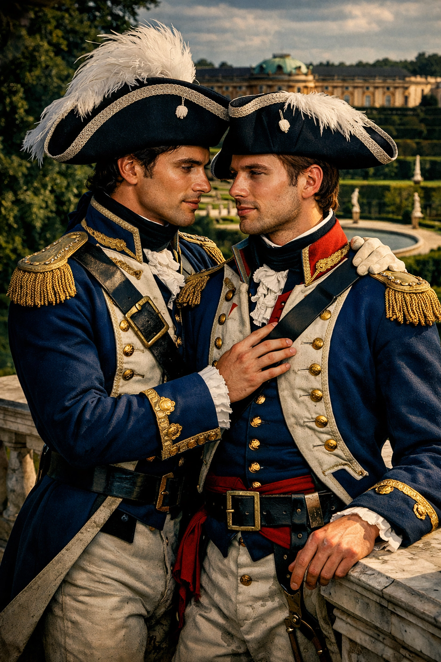 Two Prussian cavalry officers sharing a romantic gaze on a balcony at Sanssouci Palace gardens.