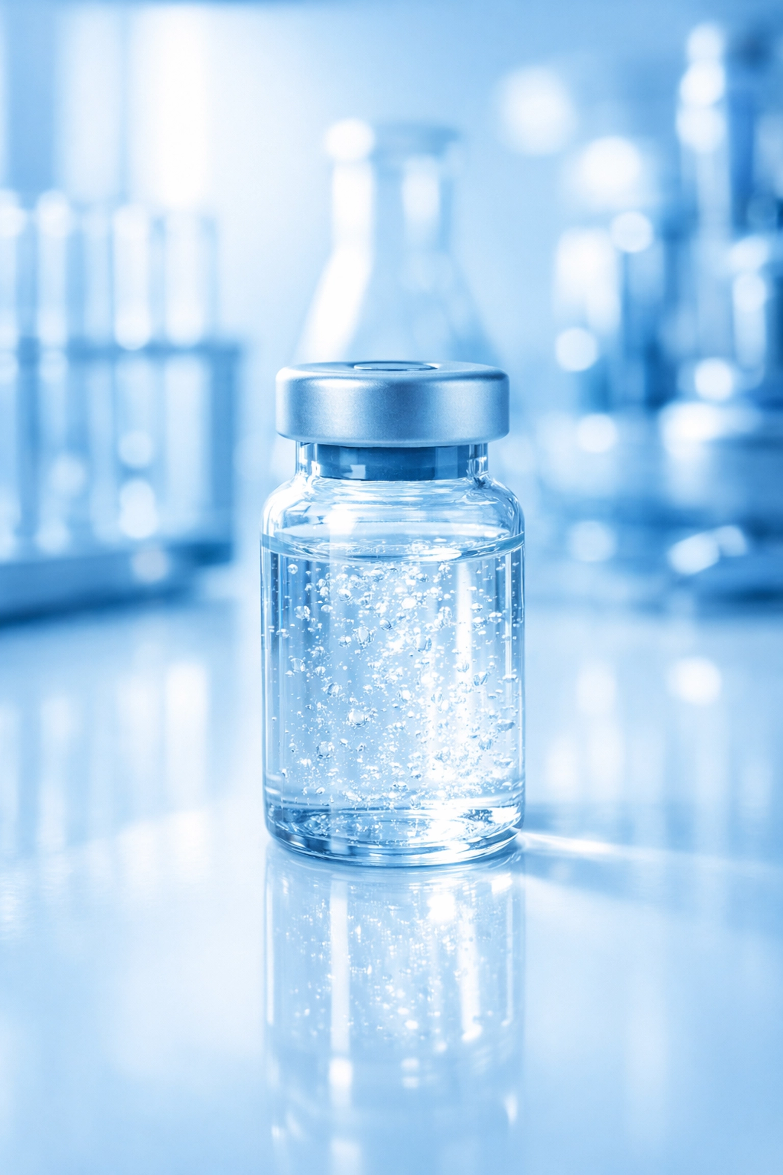 Sterile pharmaceutical-grade NAD+ vial on a laboratory counter for clinical peptide therapy.