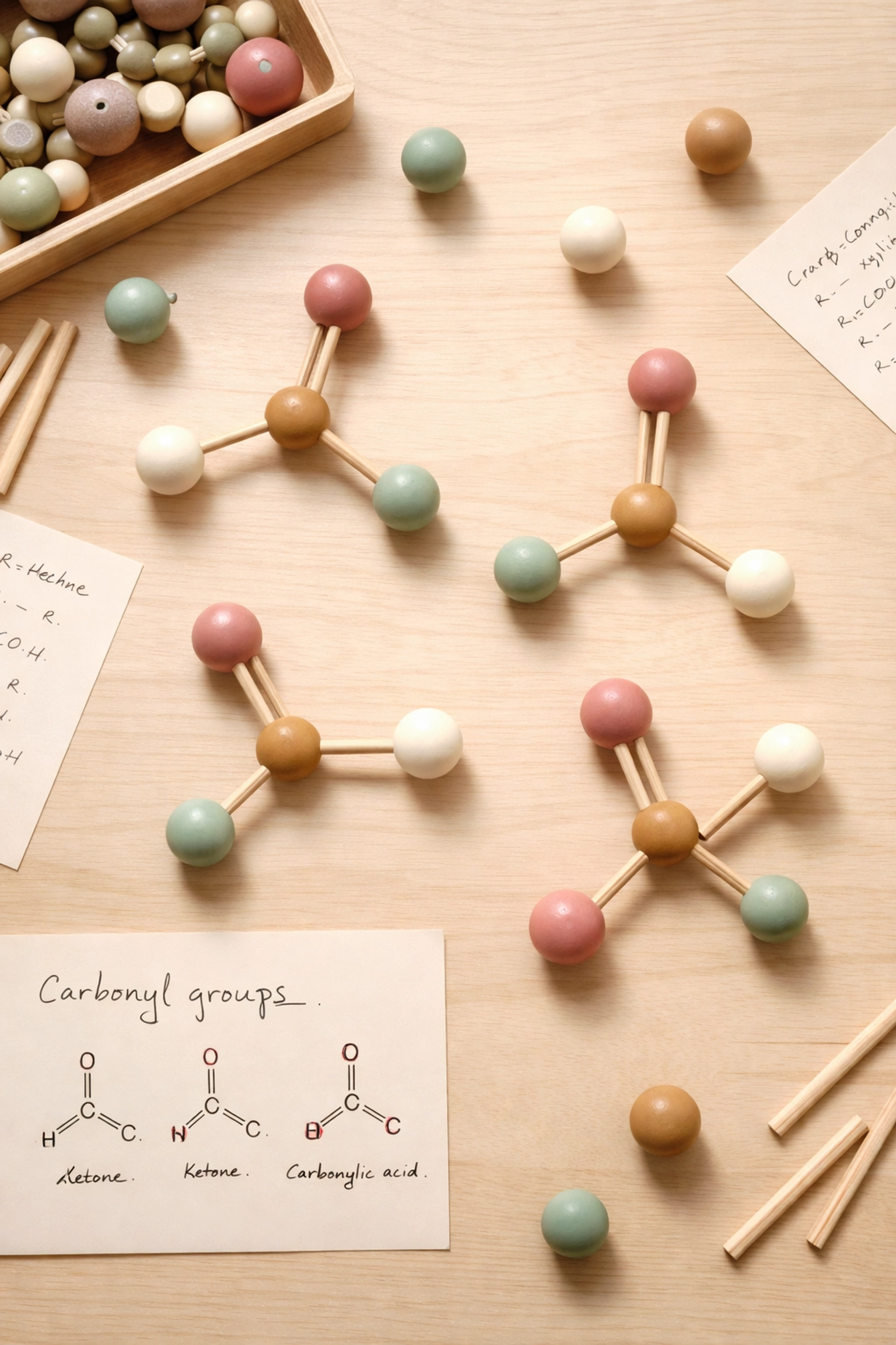 Organic chemistry model showing carbonyl group structure for chemistry olympiad preparation