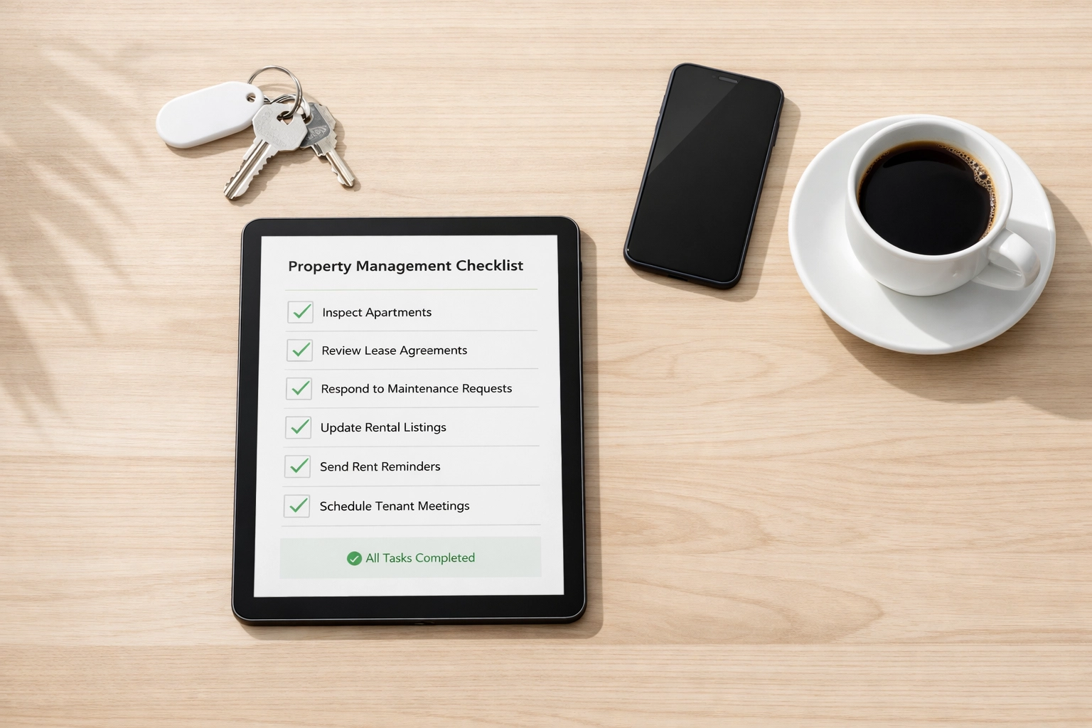 Property manager desk with digital turnover checklist and apartment keys for efficient unit preparation