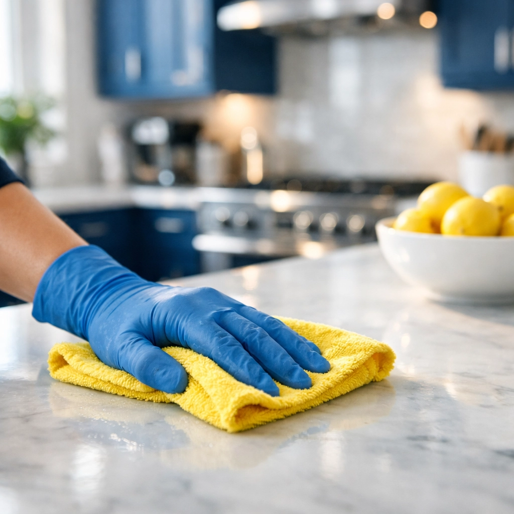 Professional cleaning of a modern kitchen island during apartment turnovers in Cambridge.