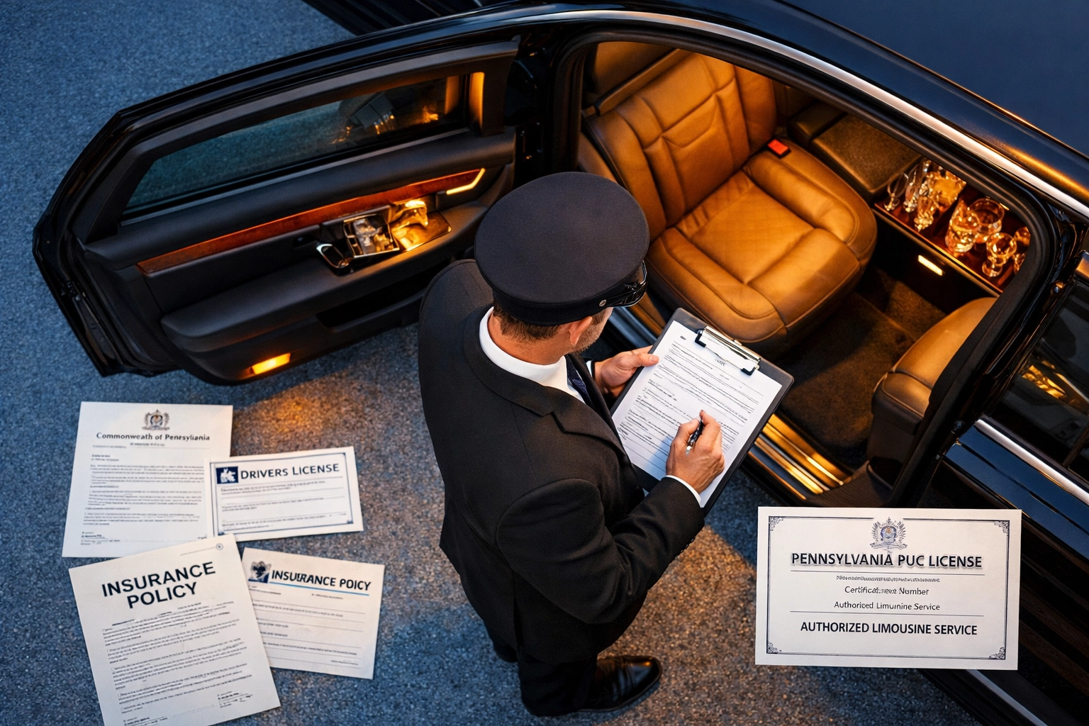 Professional chauffeur with Pennsylvania PUC license and official transportation documents