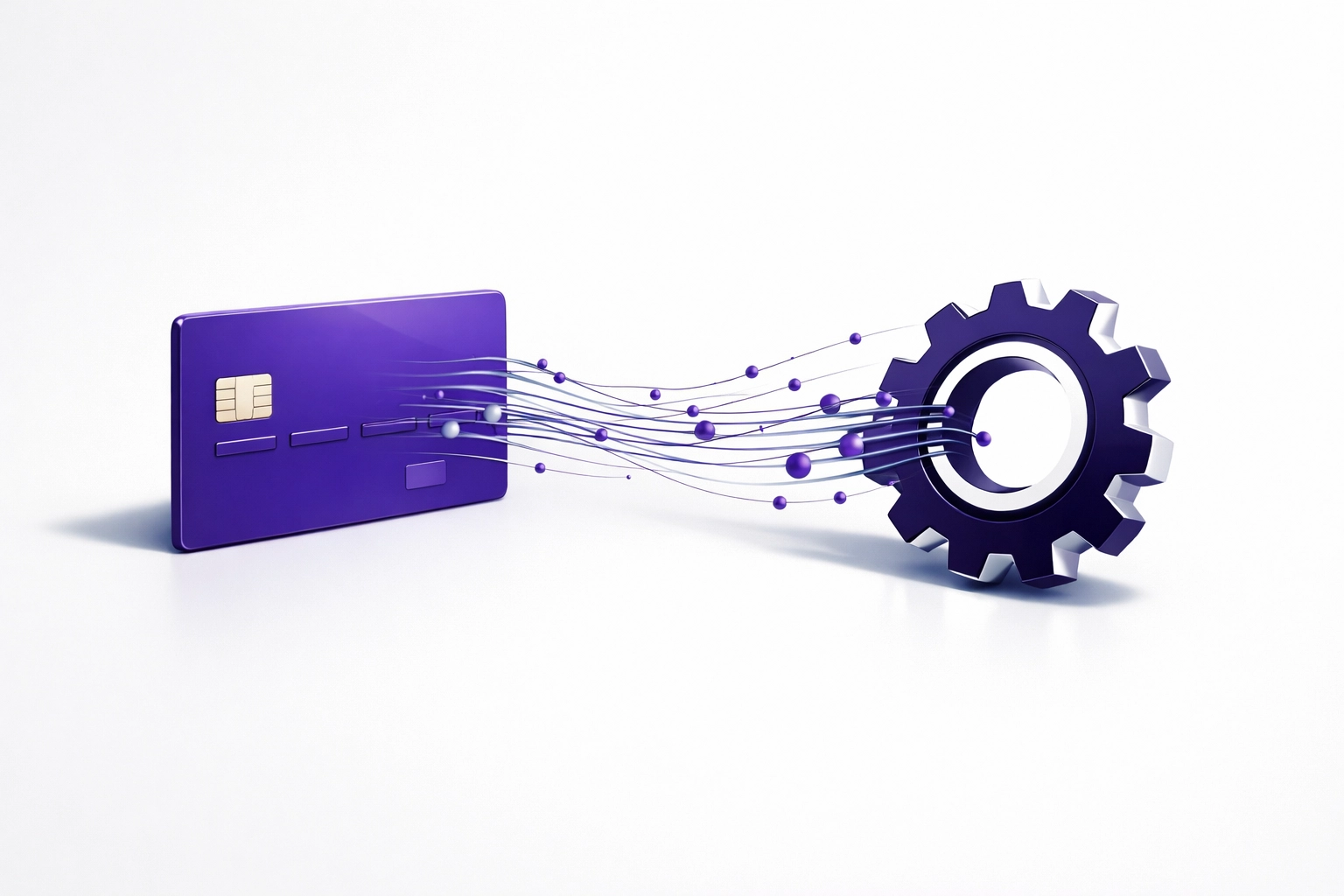 A purple credit card sending automated data into a gear, representing bookkeeping automation for small businesses.