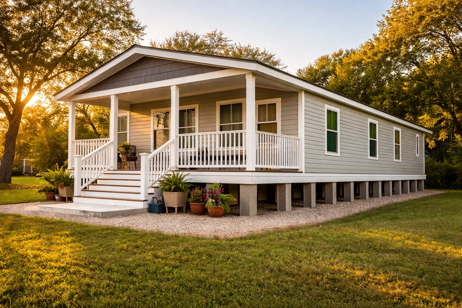 Modern manufactured home on raised foundation in a Texas community for flood protection