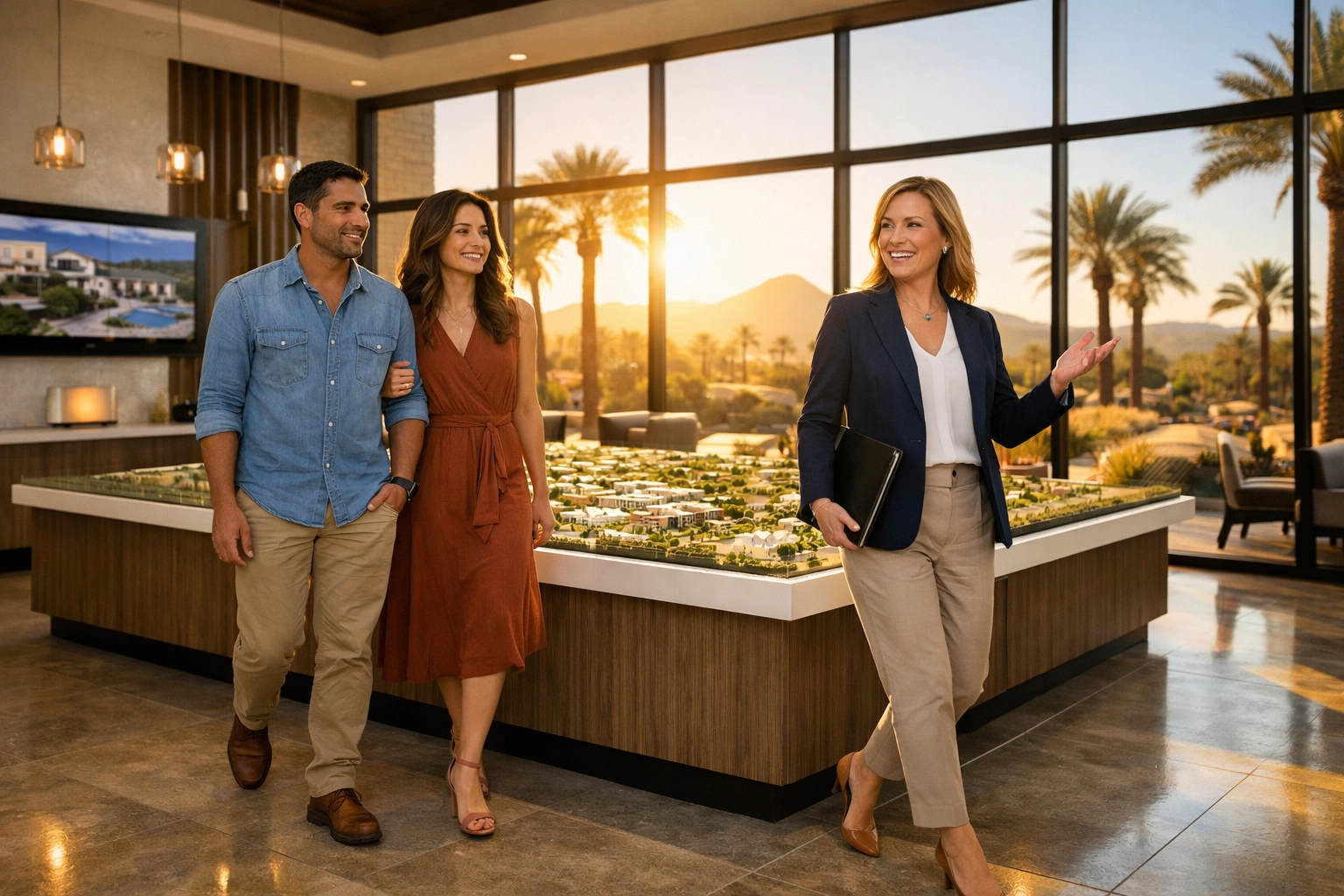 Equity Star Realty agent guiding a couple through a modern Phoenix new home sales office.
