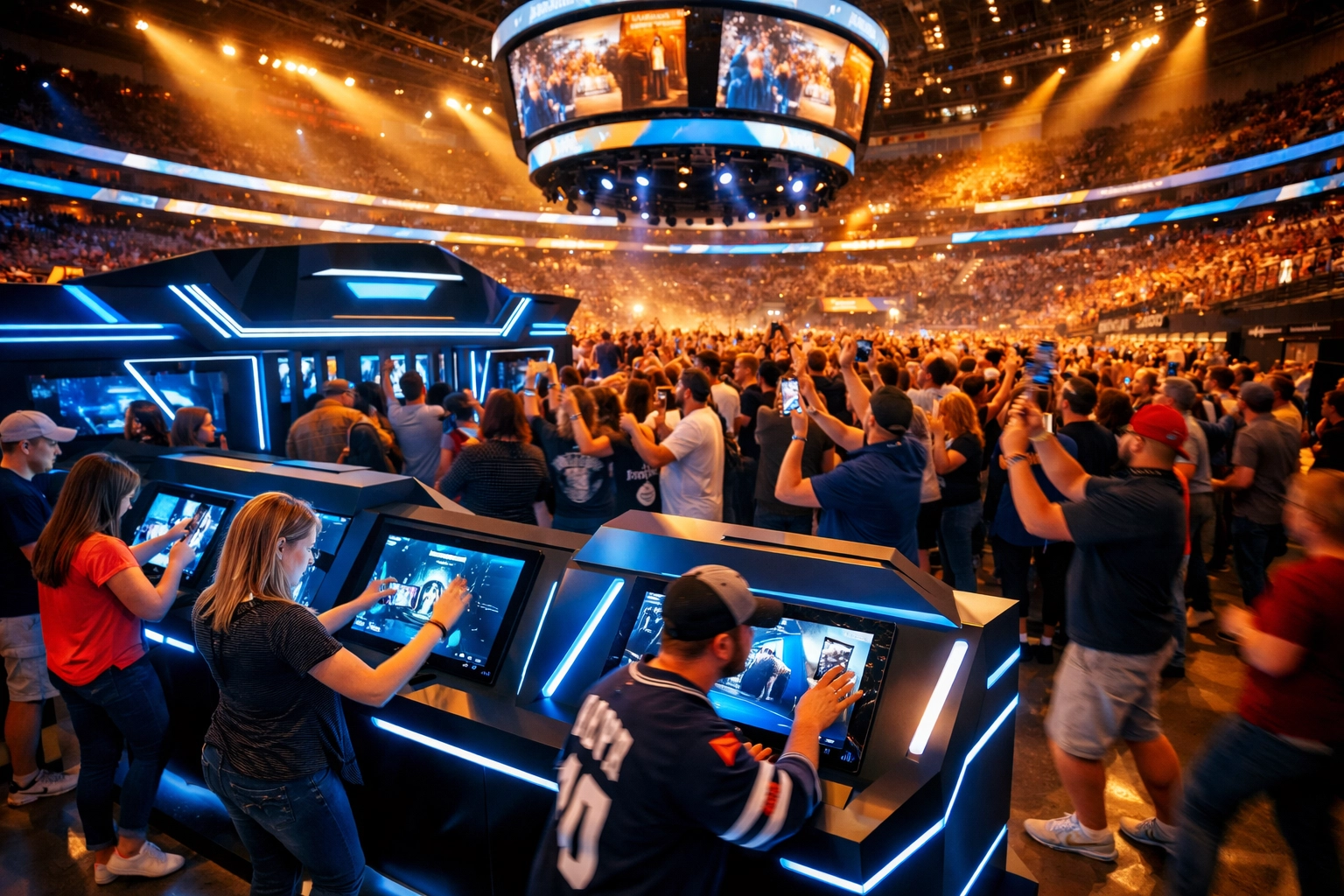 Fans engaging with interactive brand activation booth at sports arena event