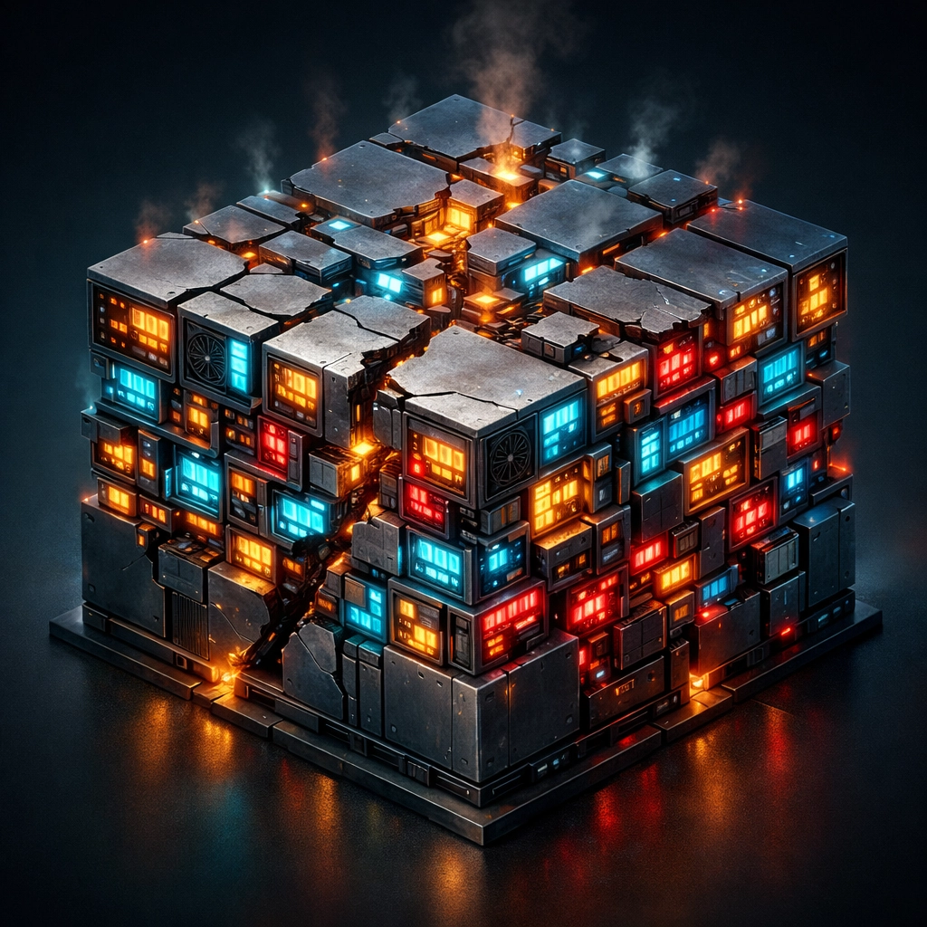 Shared hosting server divided into crowded compartments showing WordPress resource competition