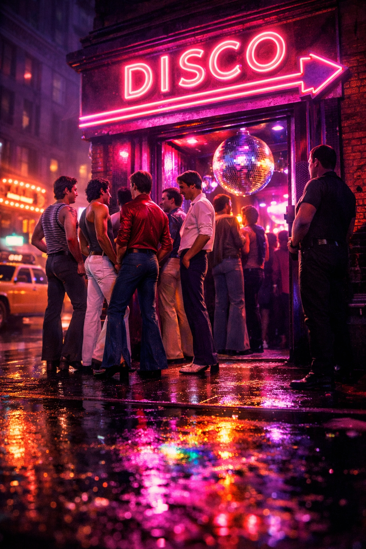 Gay men in 1970s attire outside NYC disco club entrance with neon lights