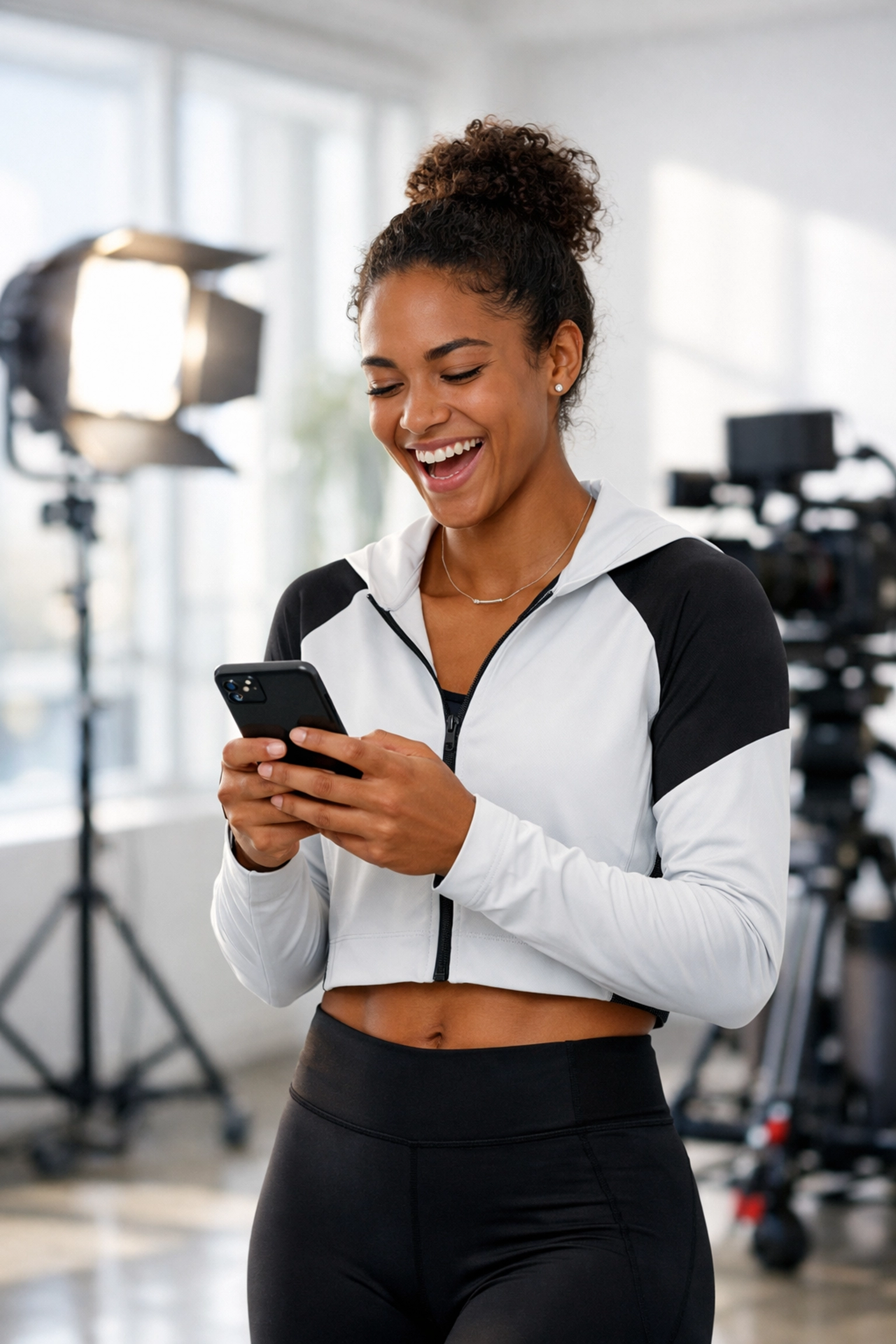 Collegiate athlete working in a professional media studio for brand partnership and NIL content creation.