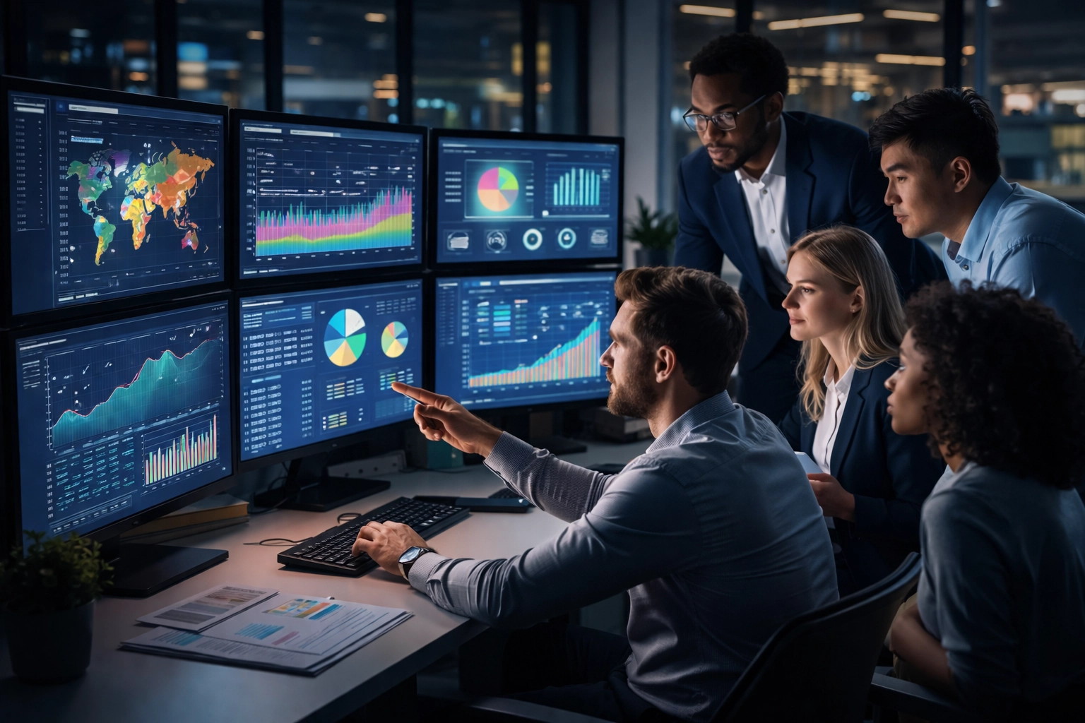 Marketing team in modern office analyzing live sports advertising data and digital signage analytics on monitors