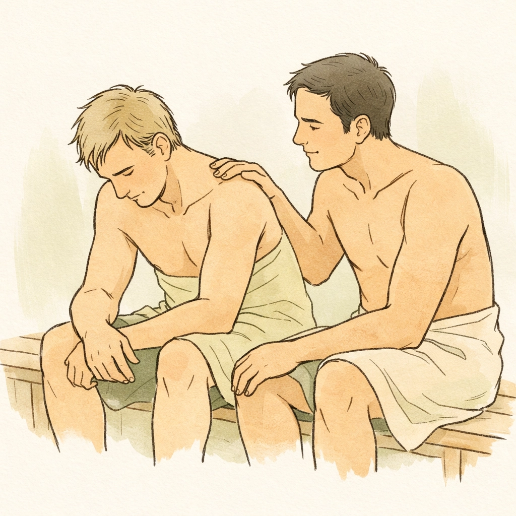 Gay men offering emotional support and comfort, demonstrating tenderness in MM relationships