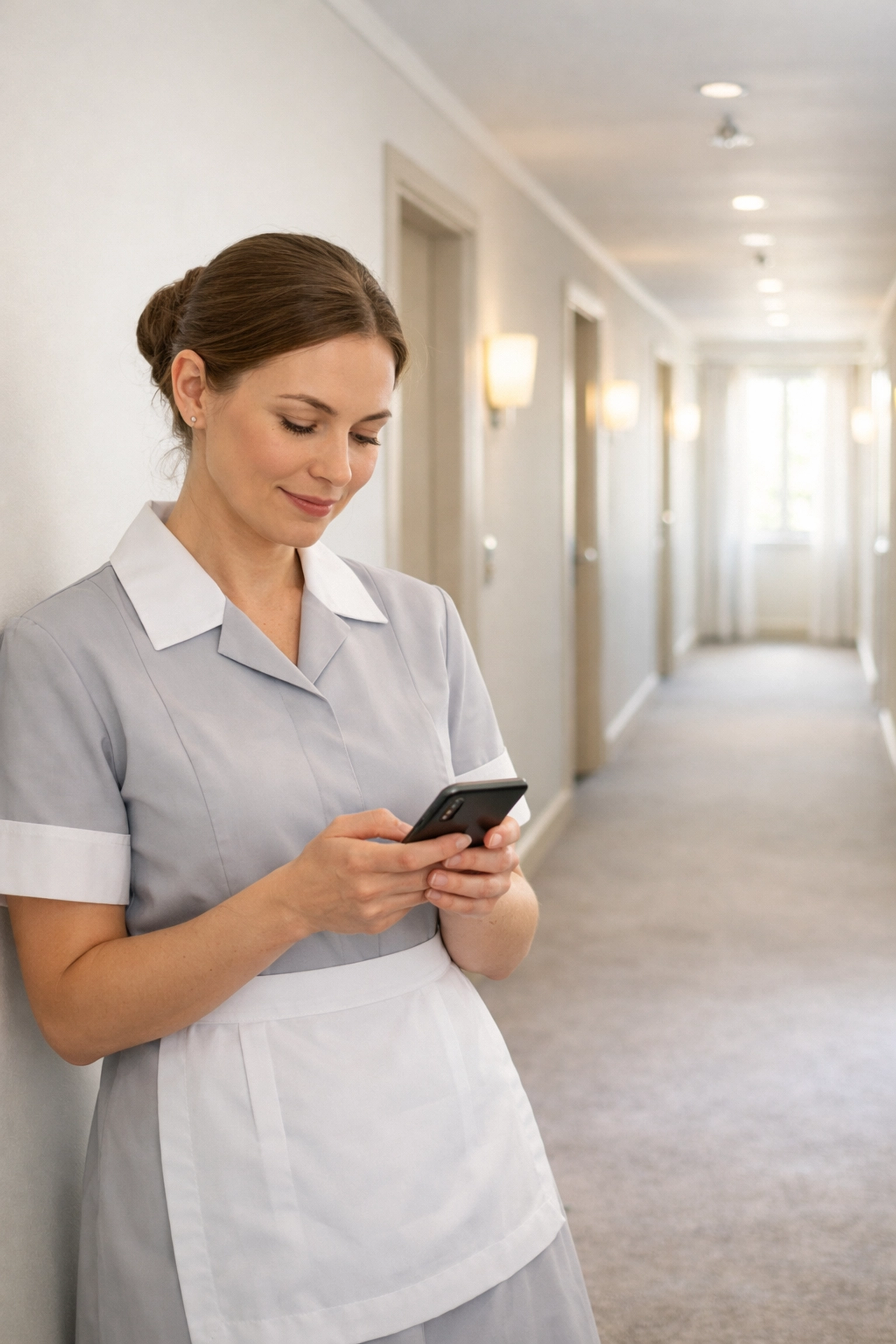 Hotel housekeeper using smartphone app for real-time room status updates in corridor