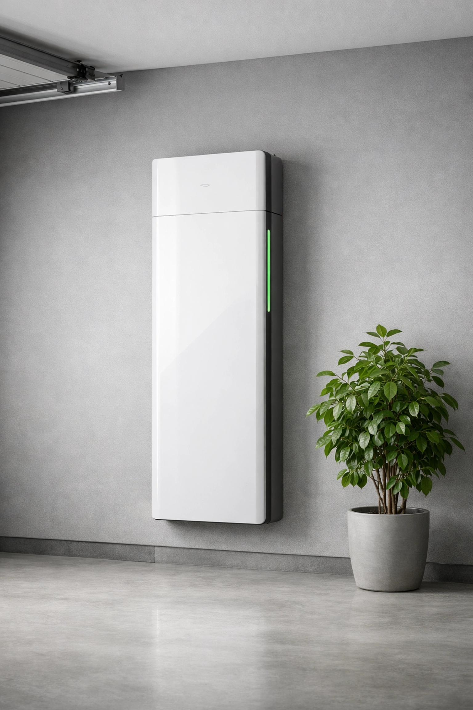 Slimline home battery storage unit mounted on a garage wall for solar energy independence.