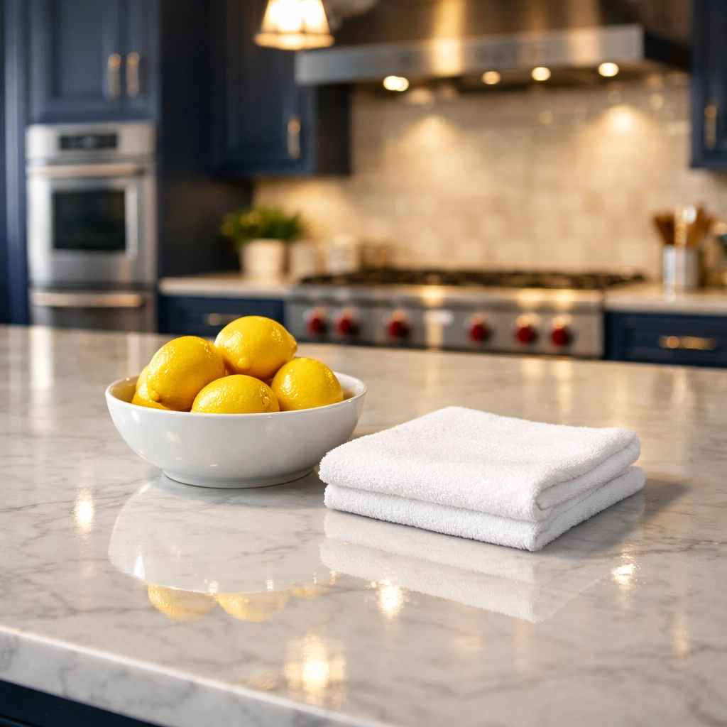 Sparkling clean kitchen island in a Shrewsbury home illustrating the self-care of professional house cleaning.