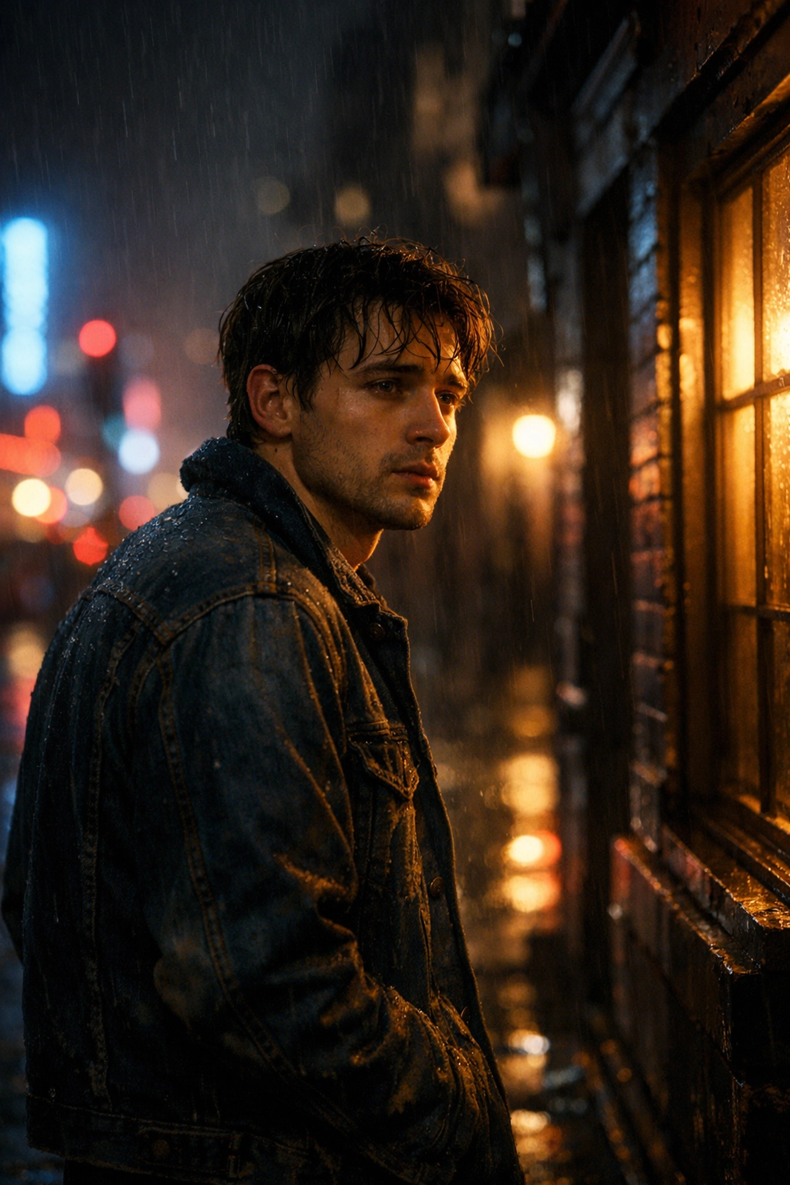 A lonely man on a rainy city street looking at a warm bookstore window, a scene of refuge in MM romance.