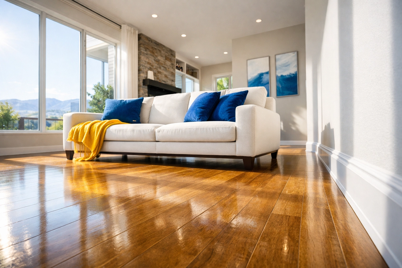 A spotless living room in a modern home after a professional deep cleaning Littleton service.