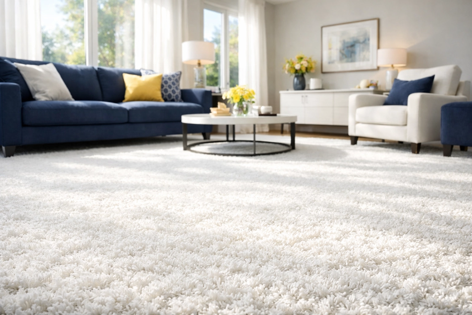 Sunlit living room with deep-cleaned white carpet, improving indoor air quality and freshness.