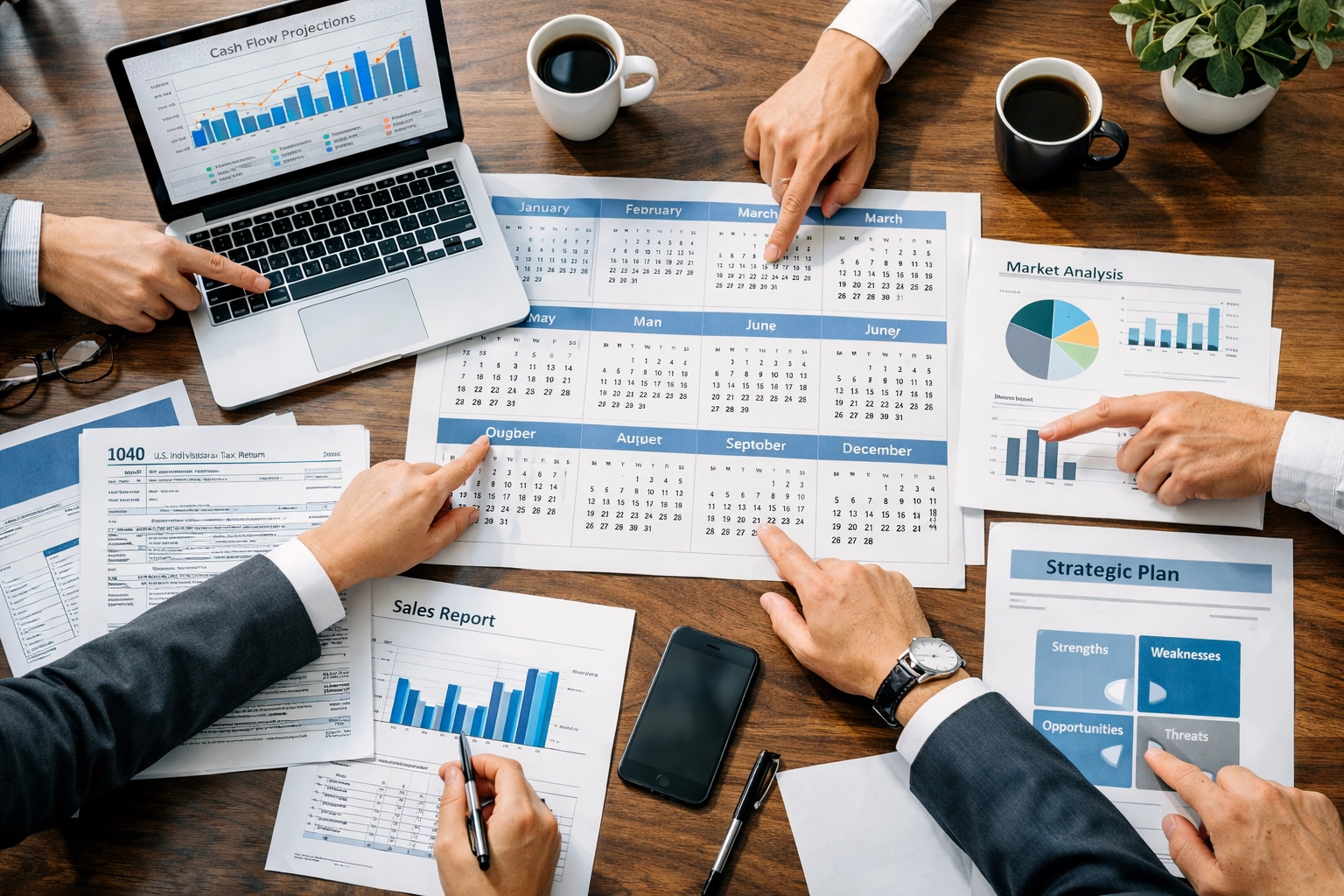 Financial strategy meeting with tax documents and cash flow projections for equipment planning