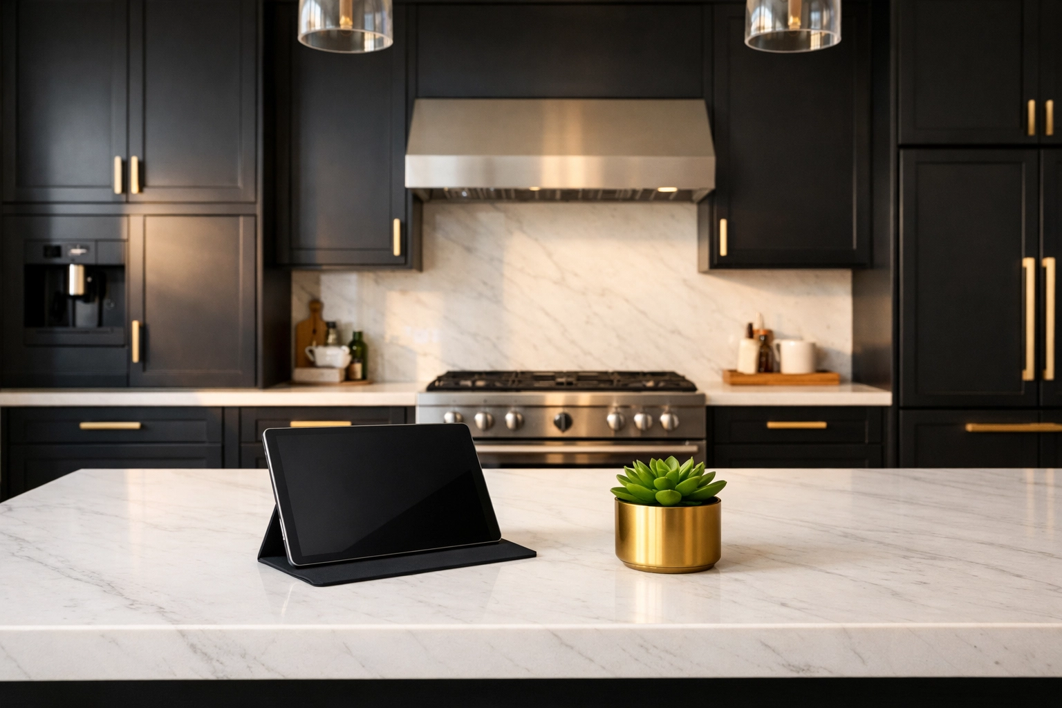 Digital property inventory documentation on a tablet in a high-end, modern matte black and gold kitchen.