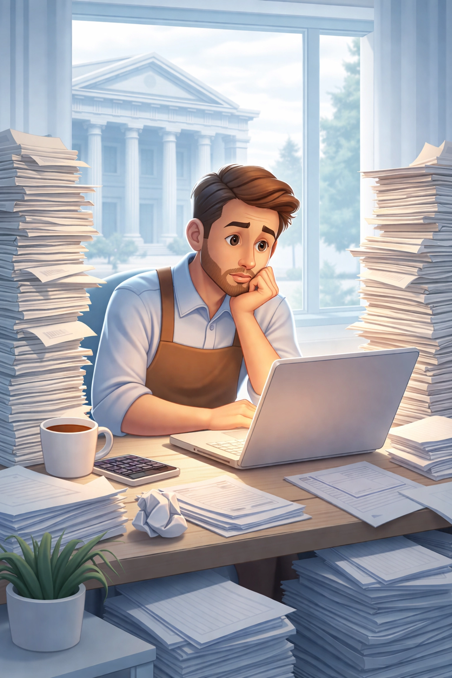 Business owner at desk with paperwork looking at laptop, frustrated by traditional bank loan process